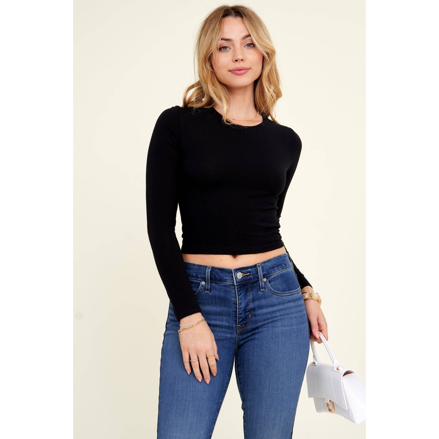 Crew Neck Long Sleeve Cotton Cropped Knit Top