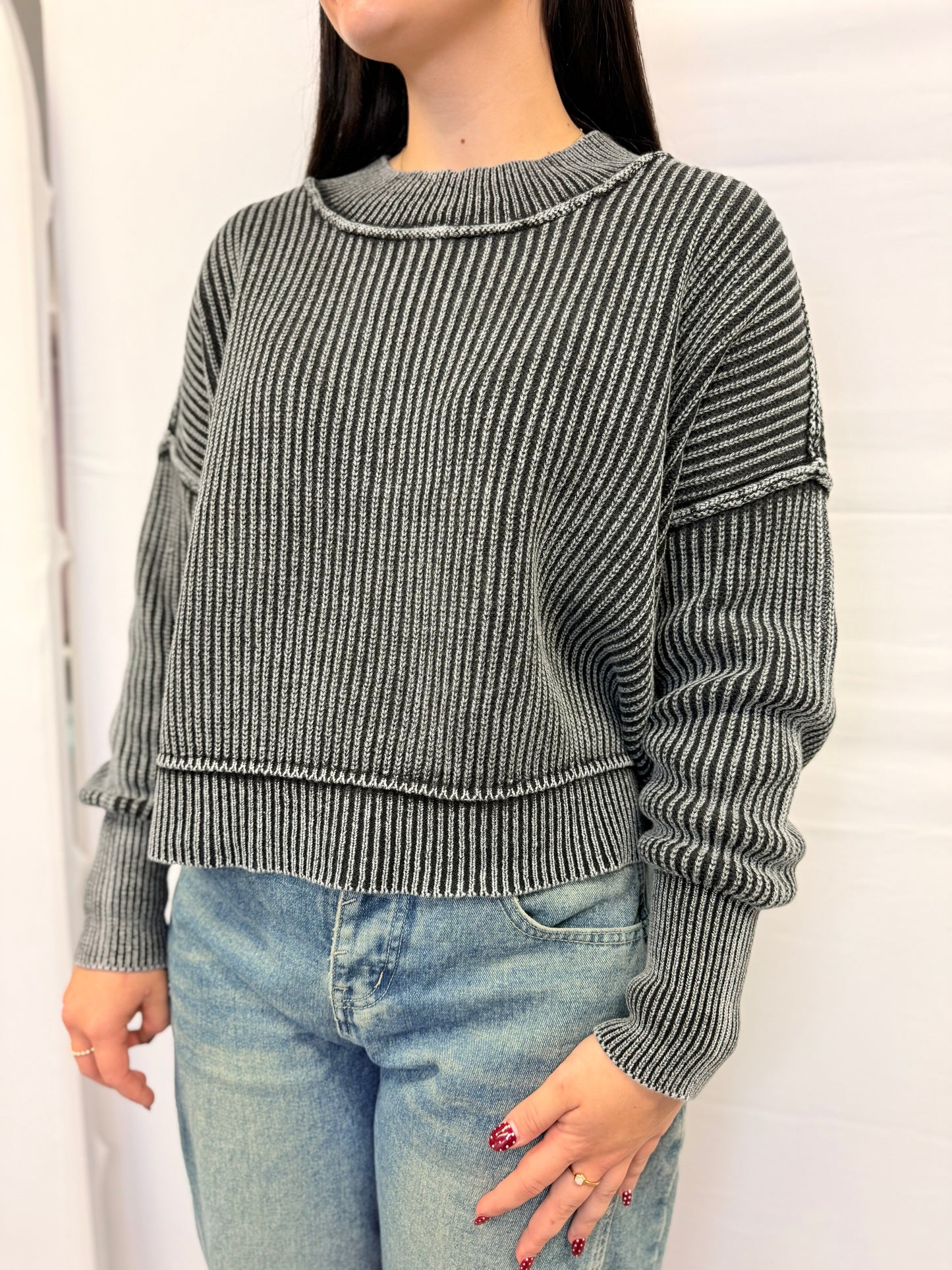 Oversized Washed Side Slit Cropped Sweater
