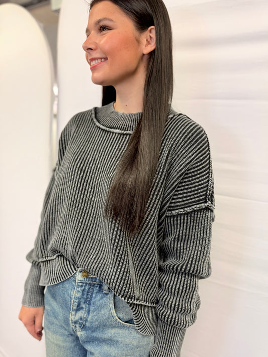 Oversized Washed Side Slit Cropped Sweater
