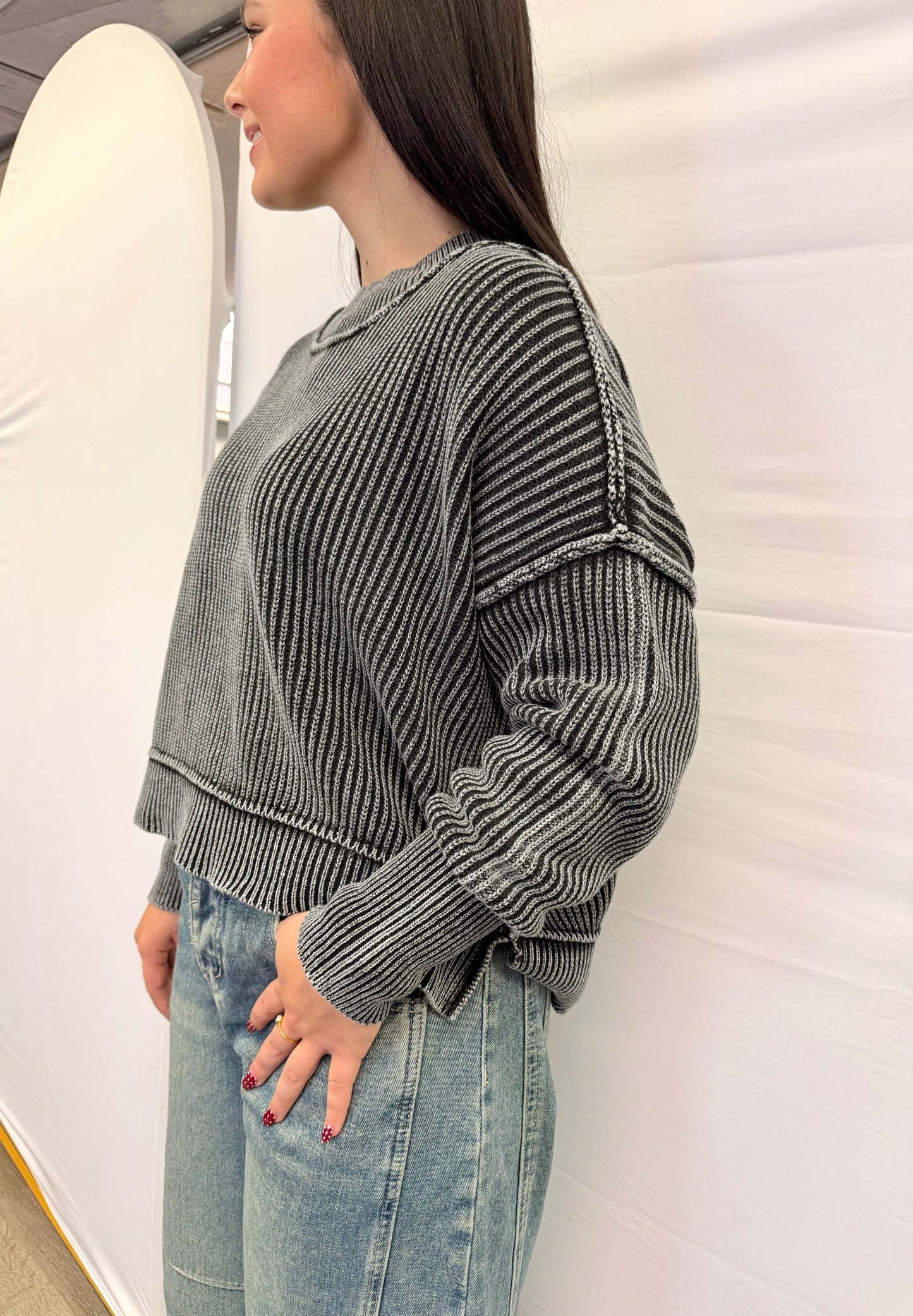 Oversized Washed Side Slit Cropped Sweater