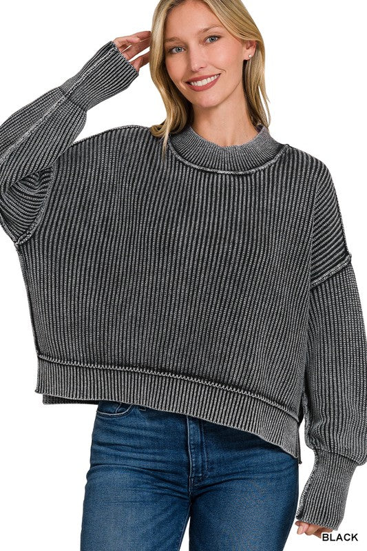 Oversized Washed Side Slit Cropped Sweater