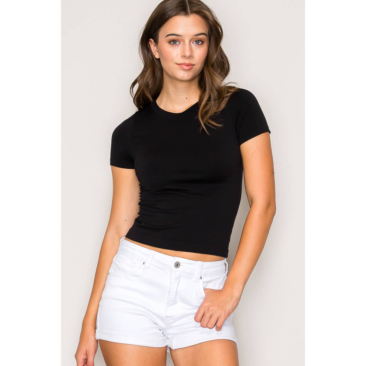Crew Neck Seamless Short Sleeve Knit Top