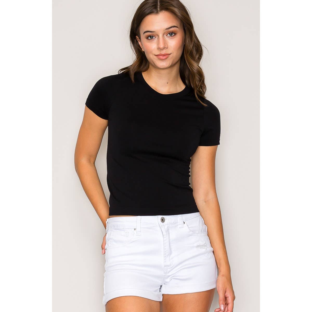 Crew Neck Seamless Short Sleeve Knit Top