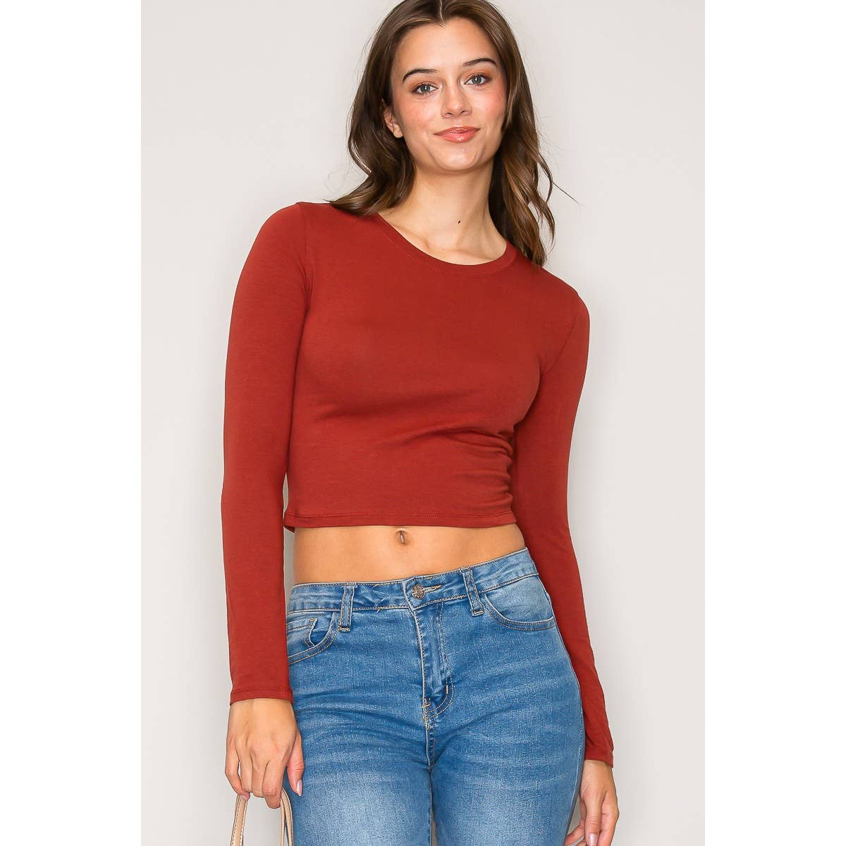 Crew Neck Long Sleeve Cotton Cropped Knit Top